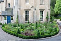 Front garden with low clipped Box hedging and summer perennials including Heuchera, Papaver orientale and Cirsium rivulare 'Atropurpureum' - Priory House - Wiltshire
