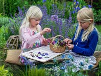 Children picking and pressing flowers between the pages of an old nursery rhyme book. They have chosen pimpinella, cow parsley, violas, hardy geraniums and love-in-the-mist.