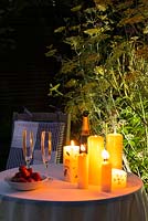 Romantic drinks by candlelight in the garden at night