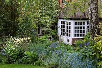 A shady woodland border with plants including Tulipa Elegant Lady, Persicaria bistorta, Allium, Hellebores, forget-me-nots and ferns.