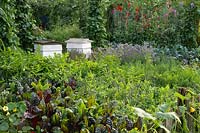 Informal vegetable garden with beehives