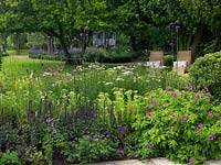 The view across the patio border with Geranium psilostemon and sanguineum, Achillea millefolium, Salvia nemorosa 'Caradonna', Sedum, Allium sphaerocephalon and Verbena bonariensis