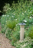 White summer border with sundial. Plants include chamomile, oryzopsis lessoniana, lathyrus chloranthus, argemone playceras and nicotiana langsdorfii, Madingley Hall