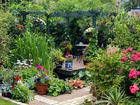 A small town garden designed on the diagonal to 'cheat the eye' and maximise width. Raised decking area with pergola surrounded with containers planted with bright annual plants 