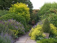 Stone path leads to terracotta hand sculpture. Beds of golden elder, choisya, Geranium Nimbus, mahonia, Alchemilla mollis, Salvia nemorosa Ostfriesland, Sedum Matrona.