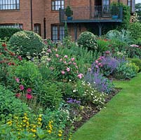 Herbaceous border: Rosa De Rescht, James Mason and Rosa Mundi, Nepeta Six Hills Giant, lysimachia, thalictrum, astrantia and Ligustrum japonicum domes.