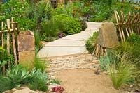Sentebale - Hope in Vulnerability garden. Path of sandstone paving leading between borders with mixed planting with succulents, grasses and shrubs