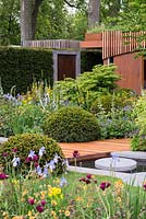 A wooden path winds past a rill, clipped yew domes, and beds of perennials.  The Homebase Urban Retreat Garden, in association with Macmillan Cancer Support. RHS Chelsea Flower Show, 2015