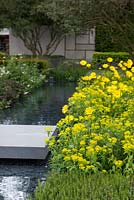 The Telegraph Garden, view of flowerbed with Doronicum x excelsum 'Harpur Crewe' and Allium moly next to concrete block bridge over  modern pond with with black slate bottom. 