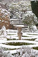 Snow covered parterre with sundial - Kilver Court, Someset