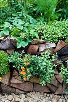 A Trugmaker's Garden. Raised bed retaining wall formed by split logs with perennial plants planted in niches. RHS Chelsea Flower Show, 2015