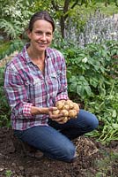 Woman holding a handful of freshly harvested Solanum tuberosum 'Bonnie'