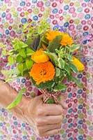Woman holding floral bouquet of Calendula officinalis 'Art Shades', Sage and Borage