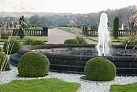 Fountain in the Upper Flower Garden, surrounded by clipped box spheres. Trentham Gardens