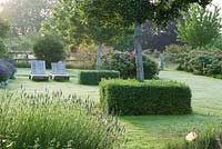 Pyrus nivalis trees with cubes of clipped box around the trunks, and a pair of wooden loungers in the formal lawn