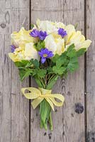 Floral bouquet made with Tulipa 'Creme Lizard' and Anemone blanda