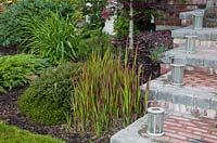 Border with Imperata cylindrica 'Red Baron', Lavandula, Pinus, Cotoneaster adpressus ' Little Gem', Juniperus sabina 'Calgary Carpet'   