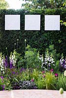 Taxus baccata hedge with white botanical panels by Rachel Dein and flowerbed with Digitalis alba, Salvia nemorosa 'Caradonna', Verbena, Rosa gallica, Geranium Rozanne. The Wellbeing of Women Garden. Designers: Wendy von Buren, Claire Moreno, Amy Robertson. Sponsor: Tattersall Landscapes, London Stone, Jacksons Fencing, Hedgeworx, Tactile Studios