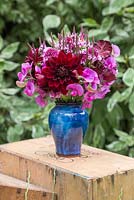 Pink summer posie made with Lathyrus latifolius, Lathyrus odoratus, Verbena hastata, Dahlia and Scabiosa