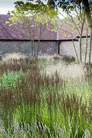 The Courtyard. Deschampsia cespitosa 'Goldtau', Molinia caerulea subsp arundinacea 'Moorhexe', Sesleria autumnalis. Hauser and Wirth, Bruton, Somerset. Planting design by Piet Oudolf.