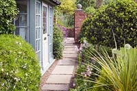 Looking down the path towards the back garden with Choisya 'Aztec Pearl' under the window. Hope House, Caistor, Lincolnshire, UK.