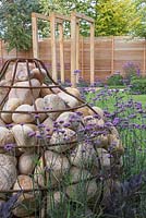 View to Pergola feature from the unique Gabion sculpture shaped like a bulb, with planting of Verbena bonariensis and Actaea