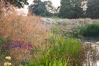 Eryngium, Stipa gigantea, Pontederia Penstemon and Butomus umbellatus growing next to pond with wildflower meadow beyond. Follers Manor, Sussex. Designed by: Ian Kitson