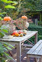 Autumn decoration on wooden table in the garden. Orange pumpkins and ivy leaves in ornamental vases. Pumpkins and calabash on table.
