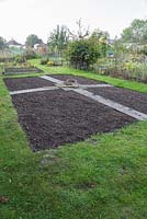 A large section of an Allotment plot allocated for a cutting garden. Materials required are Hazel stick plant labels, string, rake, tubers, bulbs and seeds.