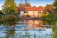 Family and friends relaxing by and swimming in a swimming pond.