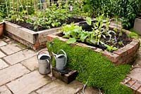 Raised beds for vegetables and for potting on young plants, made from red bricks and wooden sleepers with adjacent stone slab paving and tap with watering cans.   