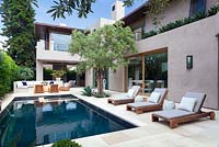 View of modern swimming pool with outside seating area sun loungers and mature olive tree.