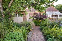 Shady area with ferns, hostas and geraniums under a mature tree. The Coach House