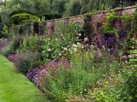 A large mixed harmoniously coloured border with Ceratostigma willmottianum, Buddleia 'Black Knight', Hibiscus syriacus 'Woodbridge', Heuchera 'Obsidian' and 'Midnight Rose', Dahlia 'Gerrie Hoek and 'Arabian Knight', Miscanthus sinensis, Phlox 'Mount Fuji' and Cotinus shrub.