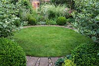 A town garden with circular lawn surrounded by a stone path and foliage plants including Buxus sempervirens balls, Miscanthus sinensis ornamental grass and Cornus alba 'Elegantissima' shrubs.