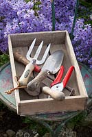 Hand tools in a wooden box