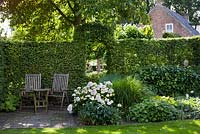 Secluded relaxing area with small paved patio and sitting seats. Archway through hornbeam hedging.