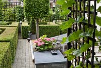 Paved path in small garden with parterre and raised bed. Trained Carpinus betulus 'Frans Fontaine'. Family Fabry - Mathijs. Belgium