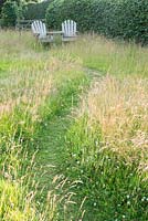 Mown path in long grass with Adirondack chairs