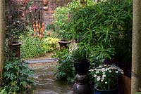 A small town garden with recycled terracotta pot sculpture providing a focal point.