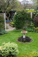 A lawn with stone bird bath on an island bed planted with Ajuga and Muscari.