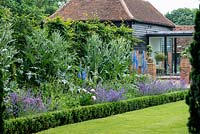 A long box-edged summer border planted with delphinium, knautia, catmint, peonies and cardoons.