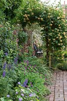 A metal arch entrance covered with fragrant honeysuckle.