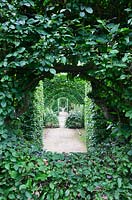 Vista of the hornbeam arches through a window clipped out the hornbeam hedge