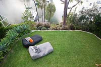 Top view of outdoor sofas on lawn area with views to the water through Angophora costata Sydney red gum trees. Agave attenuata and Pennisetum setaceum rubrum Purple Fountain Grass seen