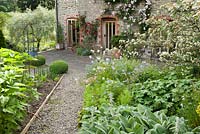 Formal vegetable garden to the east of the house features raised beds and box spheres, with pink Rosa 'Francis E Lester' and red Rosa 'Hamburger Phoenix' on the wall behind. Upper Tan House, Stansbatch, Herefordshire, UK