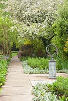 Armillary Sun Dial with structured Perovskia and Stachys planting, in the Purple Corner. Ellerker Manor, Ellerker, East Yorkshire.