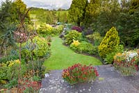 Wallflowers emerge from cracks in paving while a mixed border descends a gently sloping hillside at Mount Pleasant Gardens, Kelsall, Cheshire. Photographed in June.