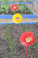 Childs windmills used as bird scarers and Mole deterent on small vegetable plot, UK, May