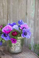 Anemone coronaria 'Sylphide' and 'Mr Fokker' in reflective glass container
